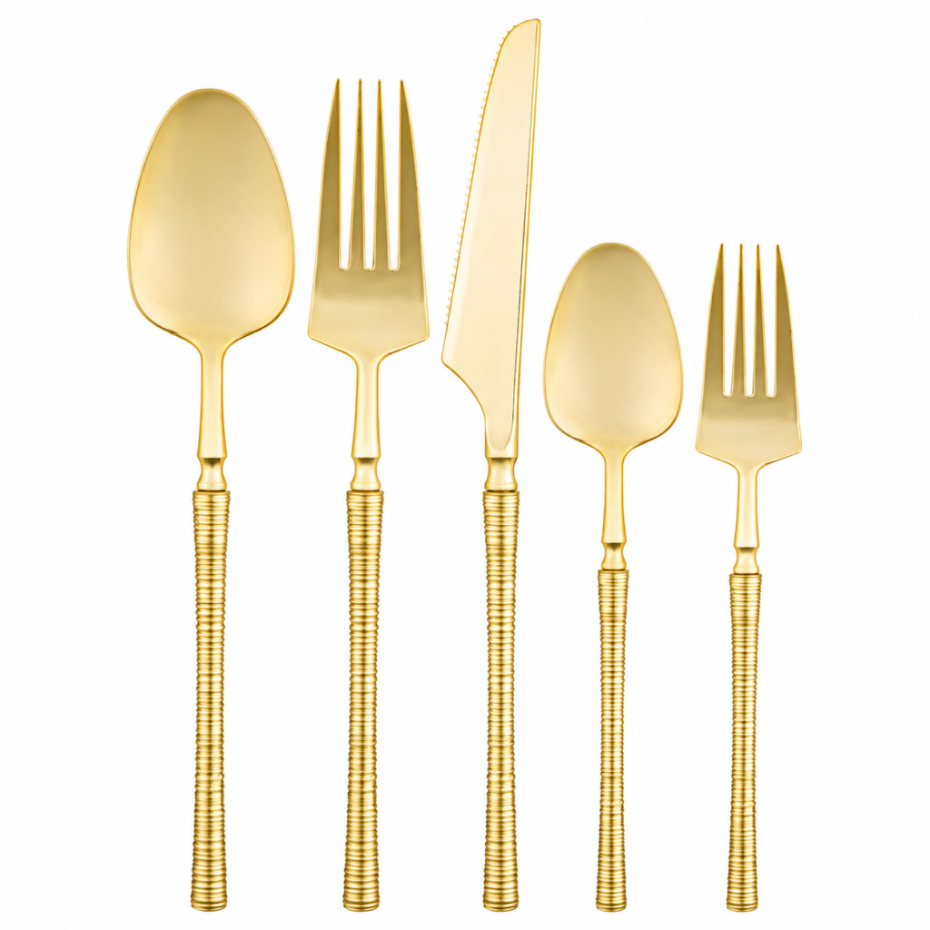 Ribbed Flatware Collection in gold - knife, dinner fork, salad fork, soup spoon and teaspoon #Color_Gold