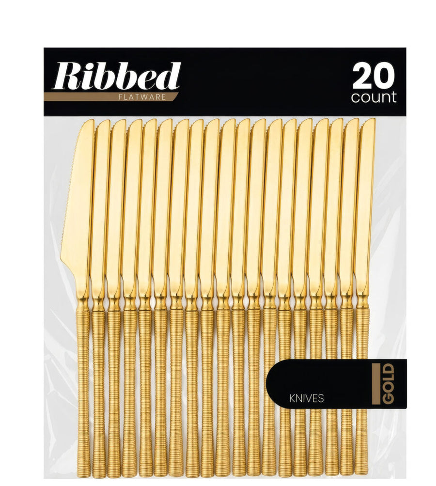 Gold ribbed plastic knives, 20 count 
