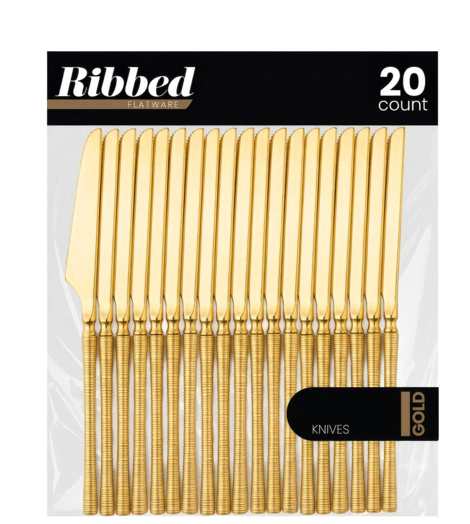 Gold ribbed plastic knives, 20 count #Color_Gold#Type_Knives - 20 Count