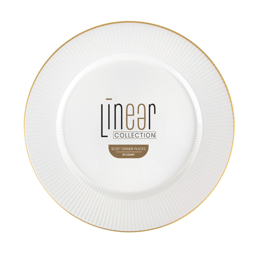 Linear Collection pearl 10.25 inch dinner plates with gold rim, 10 count