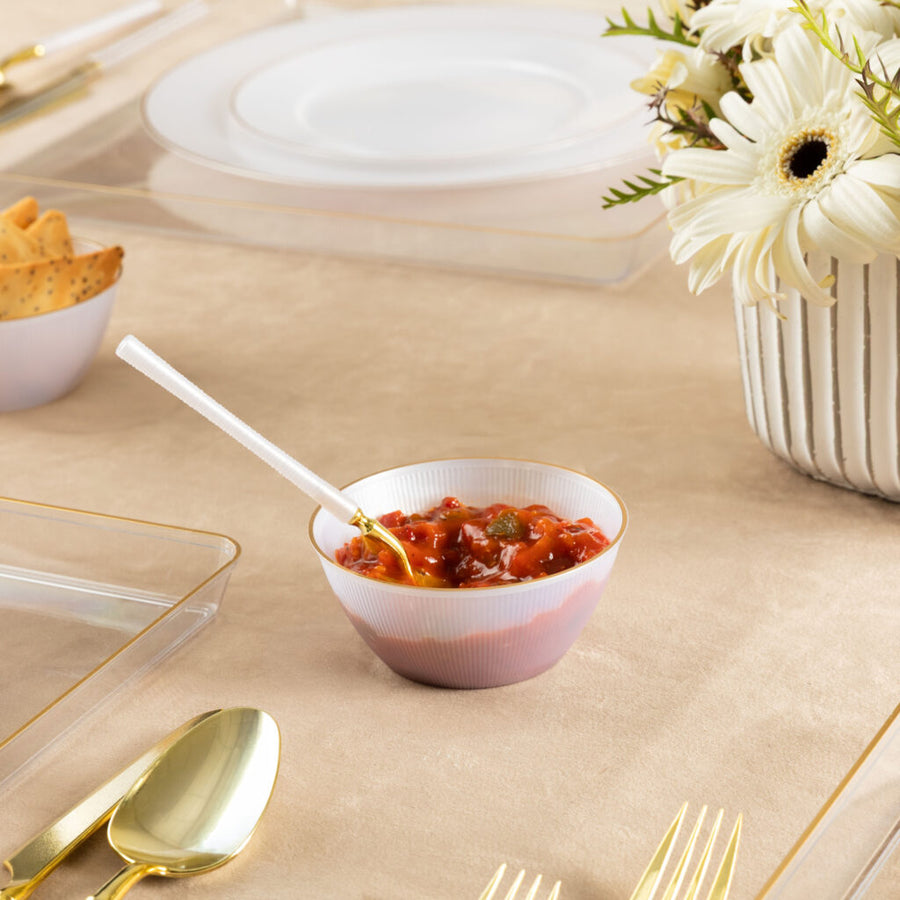 Linear Collection pearl 6 oz bowl with gold rim filled with salsa