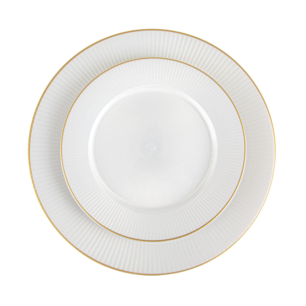 Linear Collection pearl 7.5 and 10.25 inch plates with gold rim#Color_Pearl/Gold