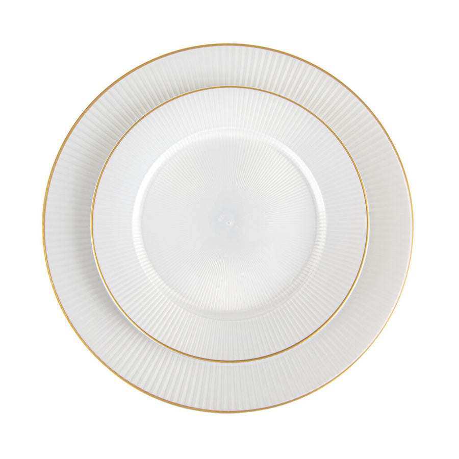 Linear Collection pearl 7.5 and 10.25 inch plates with gold rim