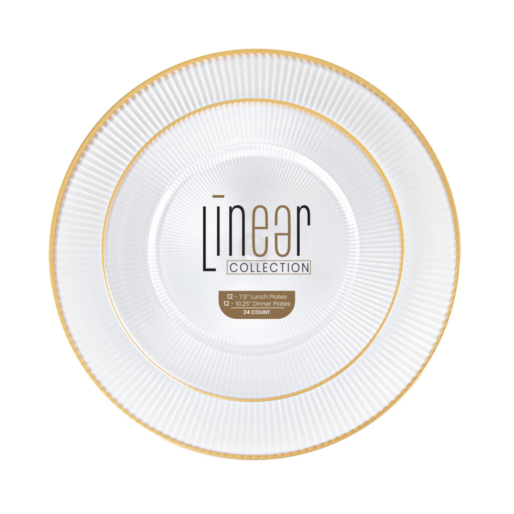 Linear Collection clear plates with gold rim, 7.5 and 10.25 inch combo pack#Color_Clear-Gold