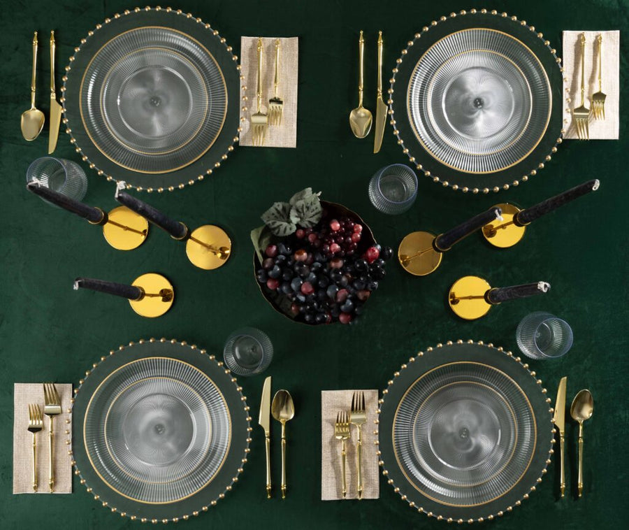 Linear Collection clear plates with gold rim, table set from above