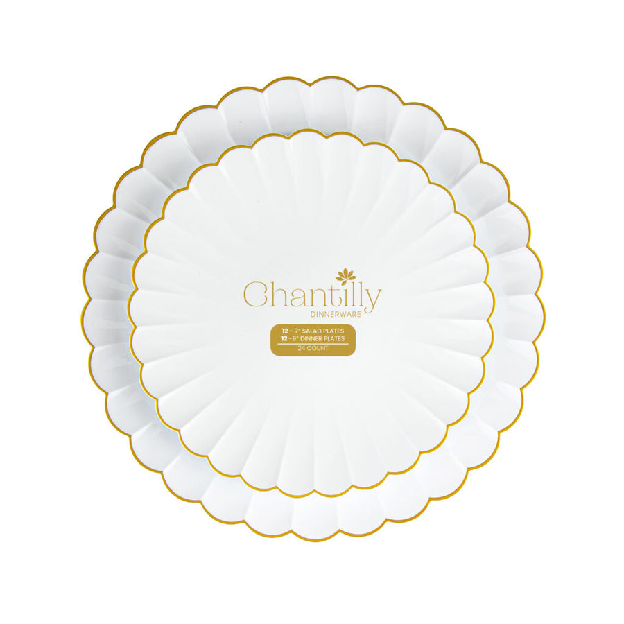 Chantilly Collection white scalloped plates with gold rim, 7 and 10 inch combo pack