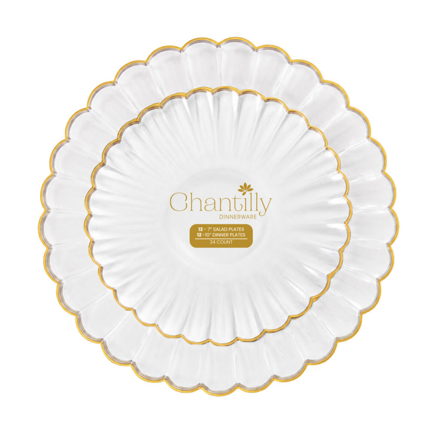 Chantilly Collection clear scalloped plates with gold rim, 7 and 10 inch combo pack