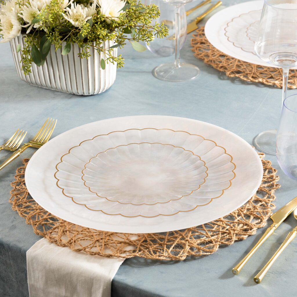 Chantilly Dinnerware clear scalloped plates with gold rim on a set table#Color_Clear-Gold
