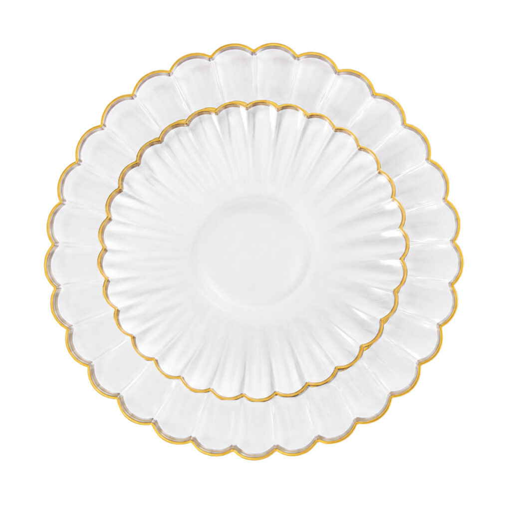Chantilly Dinnerware clear scalloped plates with gold rim, 7 and 10 inch#Color_Clear-Gold