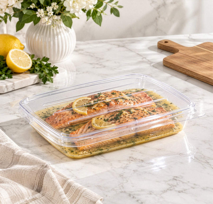 Clear lid covering a 52 oz tray of baked salmon