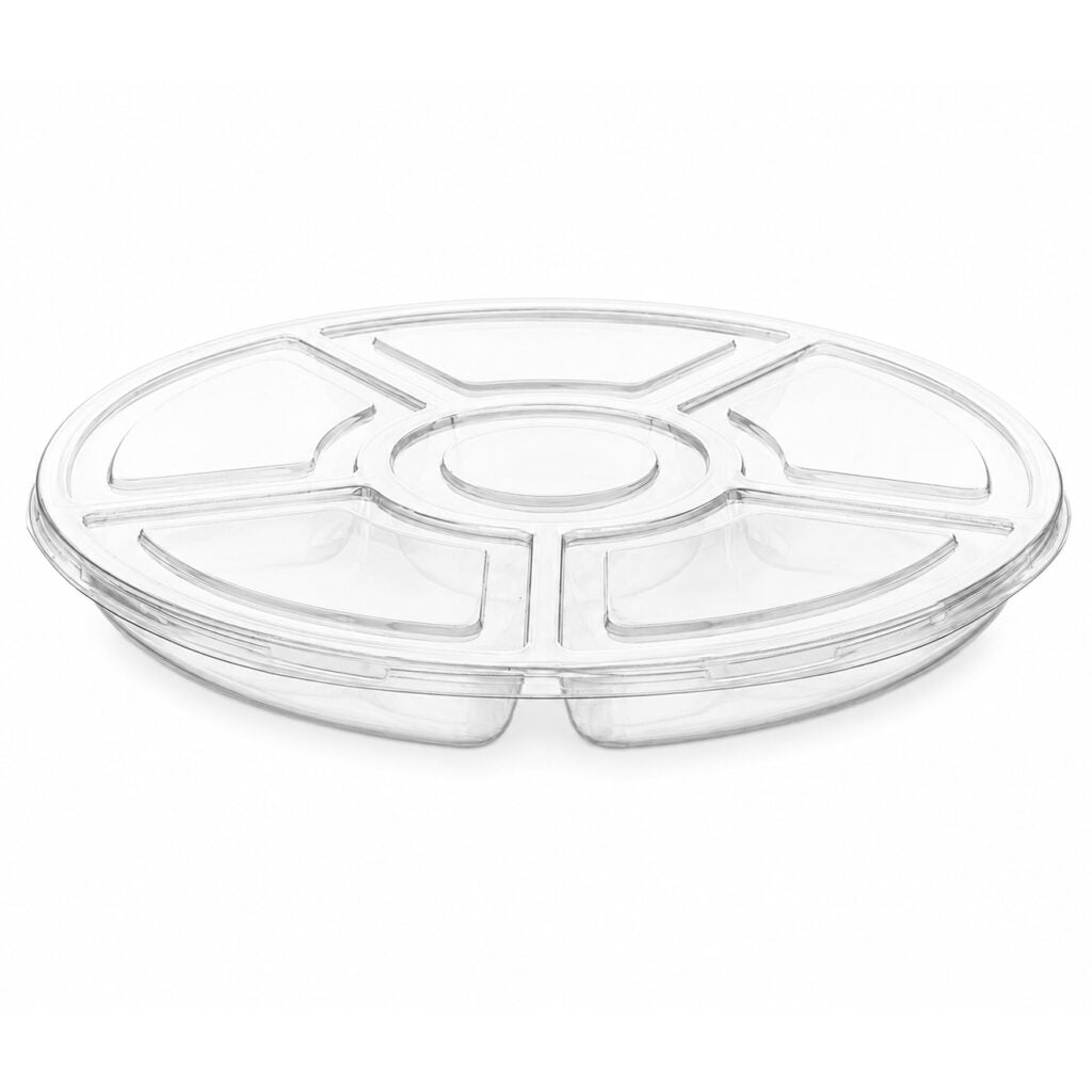Clear lid for 6 section round serving tray, angled view
