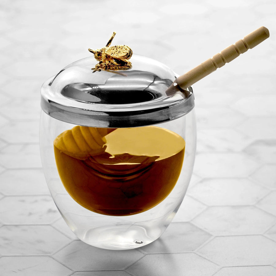 Bee Double Walled Glass Honey Jar with Dipper - The Closeout Connection