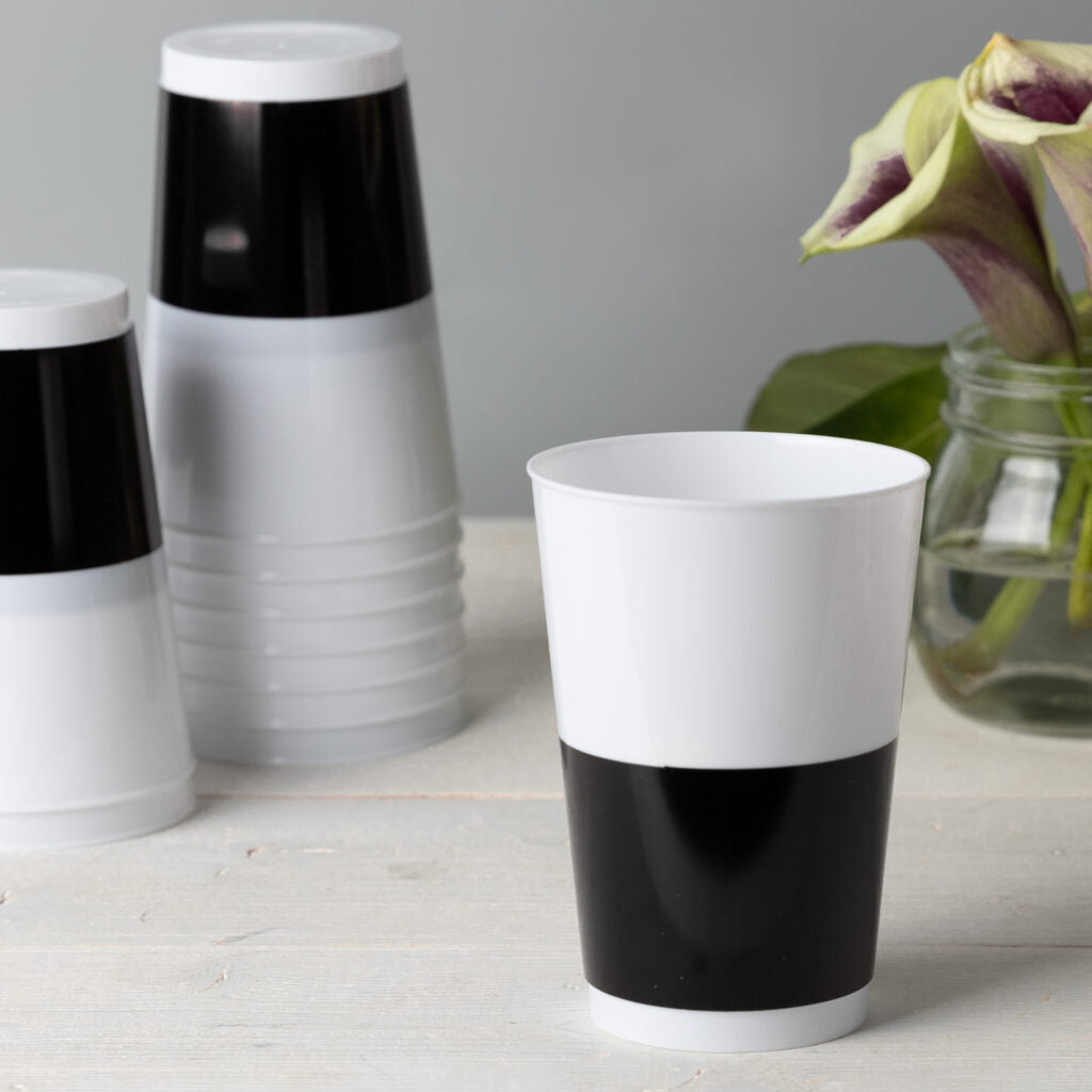 White with Black Band Plastic Round Tumblers- 10 Count