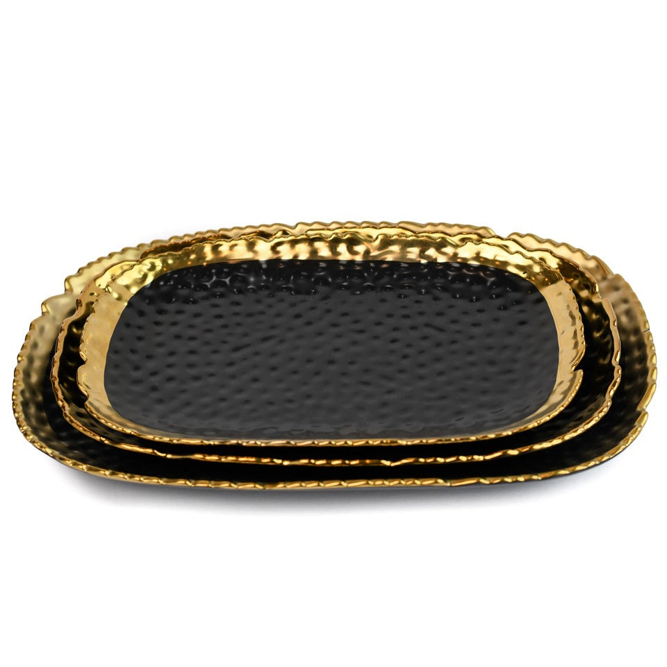 14" Black and Gold Pebbled Oblong Ceramic Dish