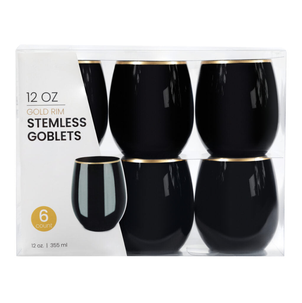 12oz Black/Gold Rim Stemless Goblets - 6 Count