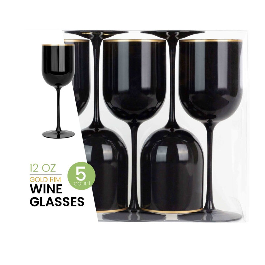 12oz Black Gold Rim Wine Glasses- 5 Count - The Closeout Connection