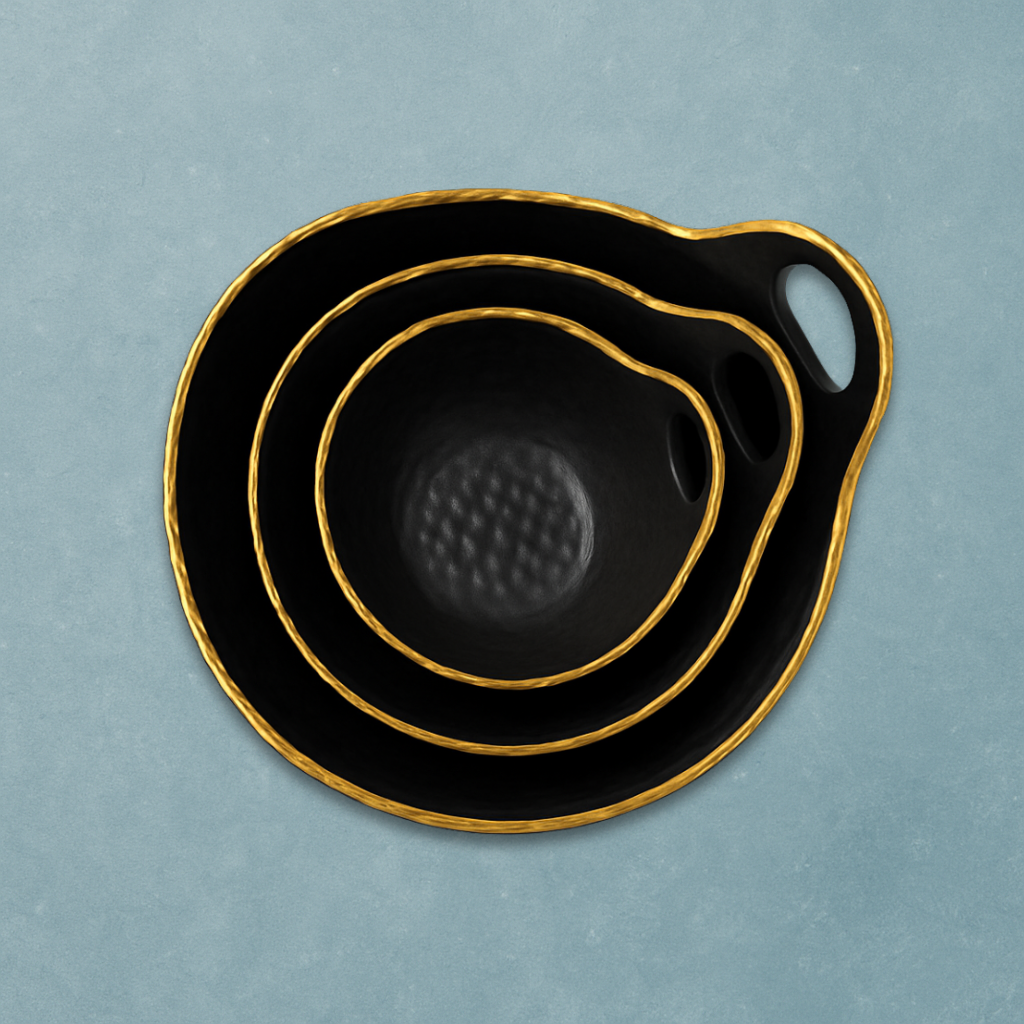 Black and Gold Pebbled Ceramic Bowl with Handle