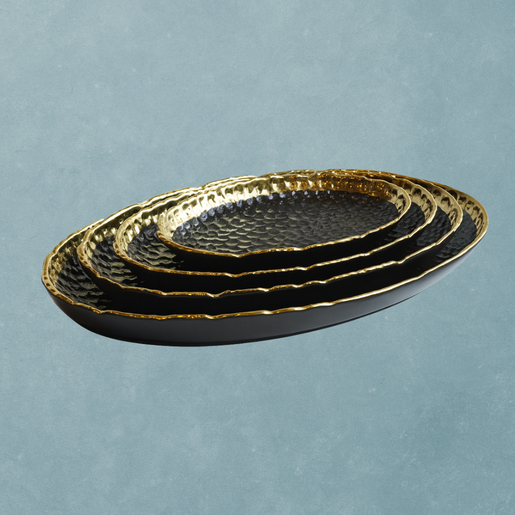 Black and Gold Pebbled Ceramic Oval Dish