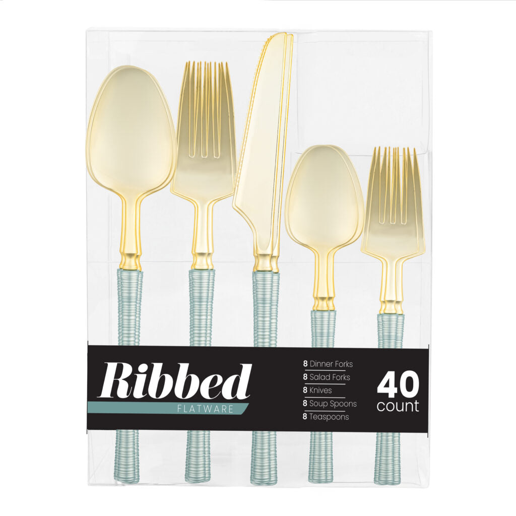 Ribbed Flatware Combo Blue Pearl/Gold - 40 Count