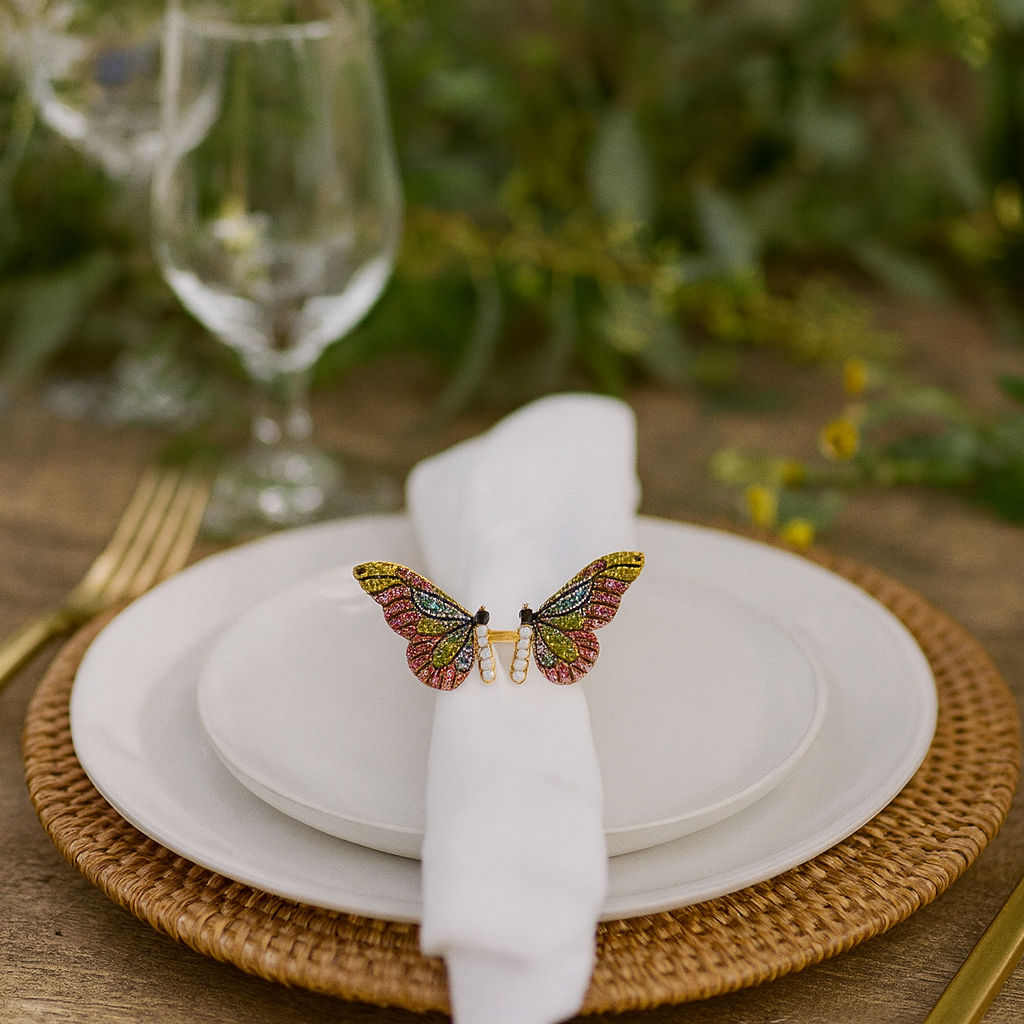 Gilded Multicolored Butterfly Napkin Ring - 4 Count
