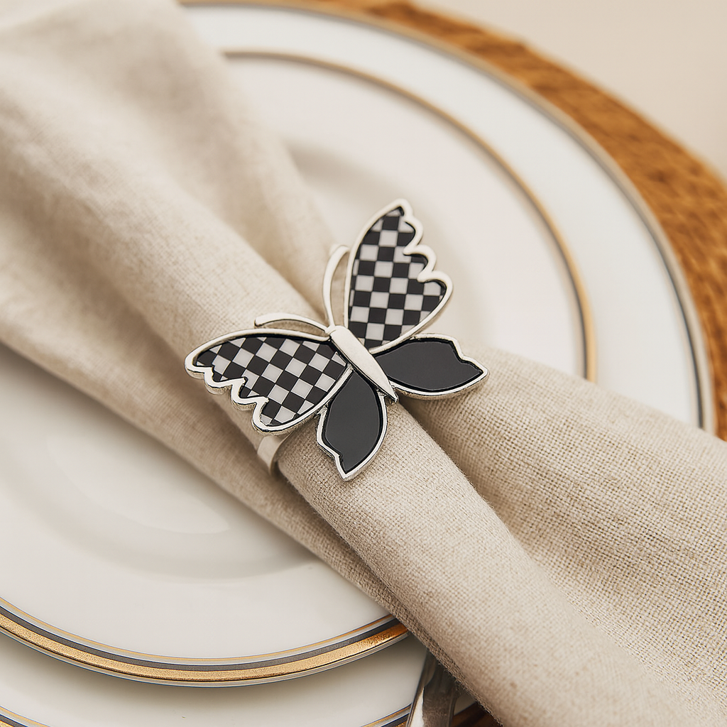 Monarch Black and Silver Checkered Napkin Ring - 4 Count