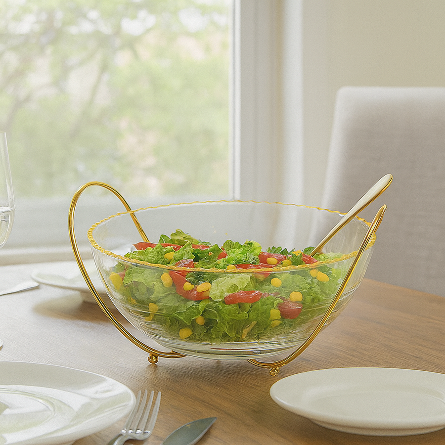 Monte Carlo Large Gold Rimmed Bowl with Gold Metal Stand - The Closeout Connection