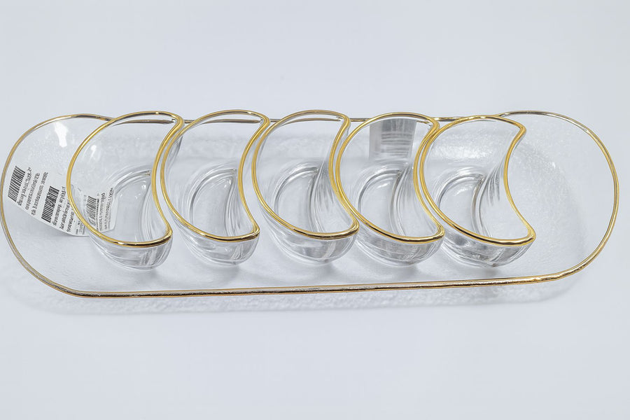 Monte Carlo Glass Tray & 5 Moon Bowls with Gold Rim - The Closeout Connection