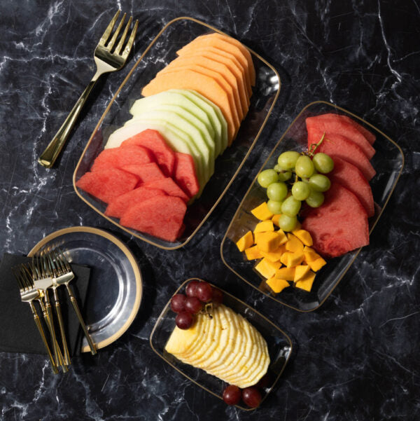 OrganicClear/Gold Rim Rectangle Tray 9.5″ - 10 Count - The Closeout Connection