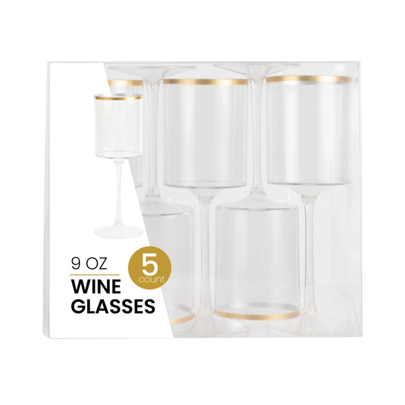 Wine Glass Clear w/ Gold Rim 9oz Plastic Wedding