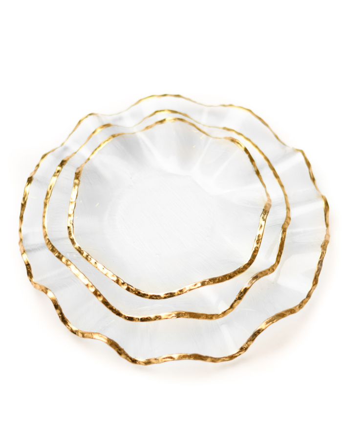 Round Clear Glass Plate with Gold Rim - The Closeout Connection