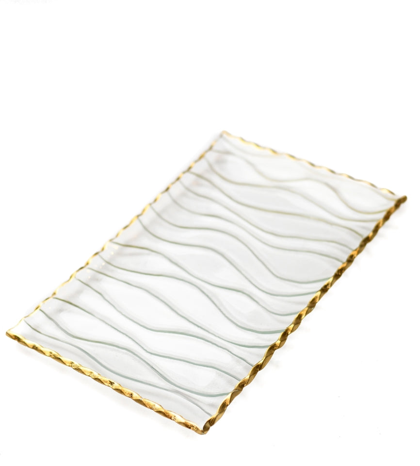 Rectangular Clear Tray with Wavy Design and Gold Rim