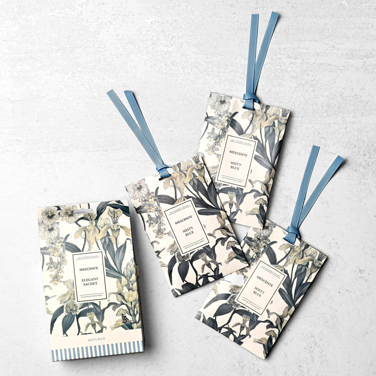 Mescente Misty Blue elegant scented sachet 3 pack with box
