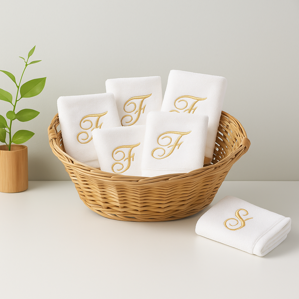 Six Monogrammed Fingertip Towel Set White and Gold
