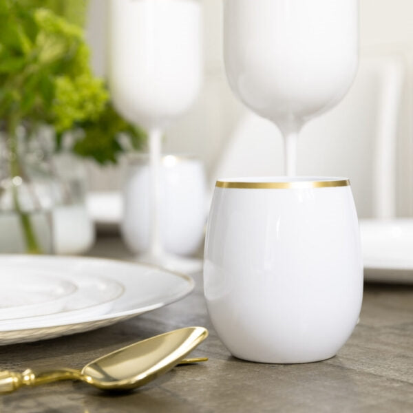 White/Gold Rim Stemless Goblets - 6 Count - The Closeout Connection