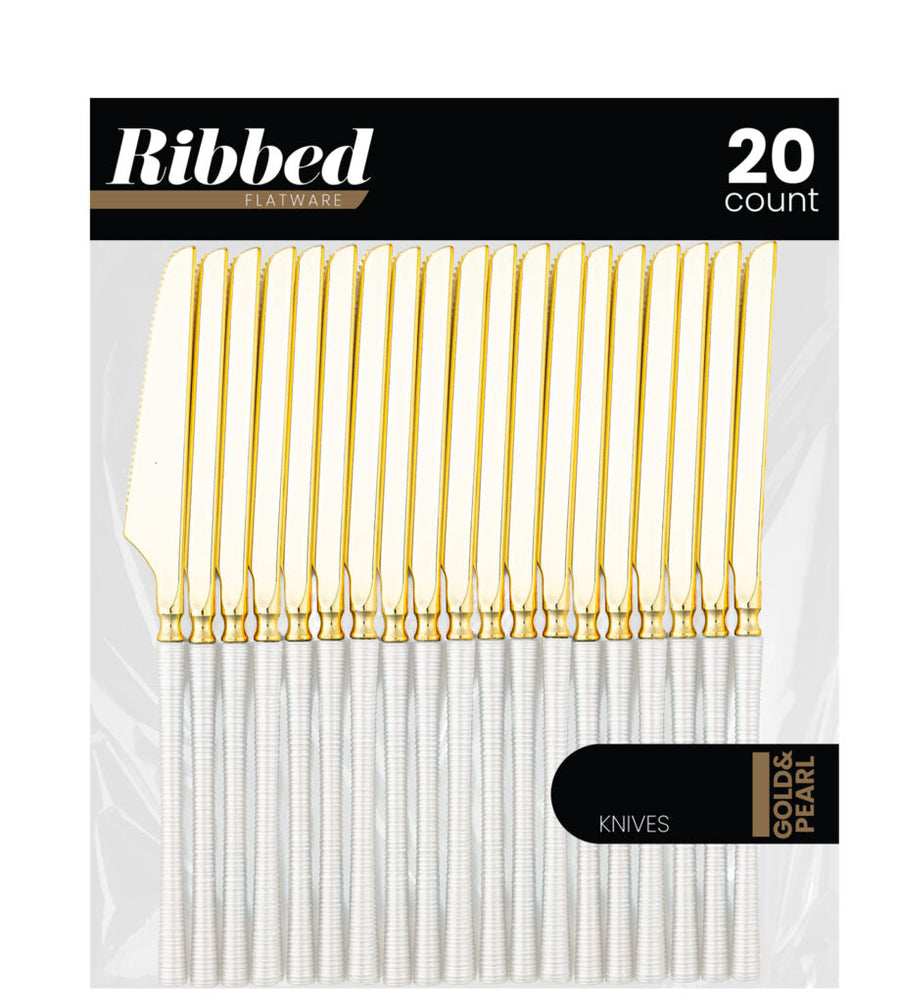 Ribbed Flatware Pearl/Gold Knives - 20 Count - The Closeout Connection