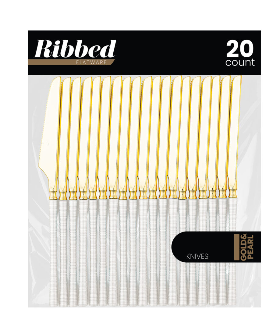 Ribbed Flatware Pearl/Gold Knives - 20 Count - The Closeout Connection#Color_Pearl/Gold#Type_Knives - 20 Count