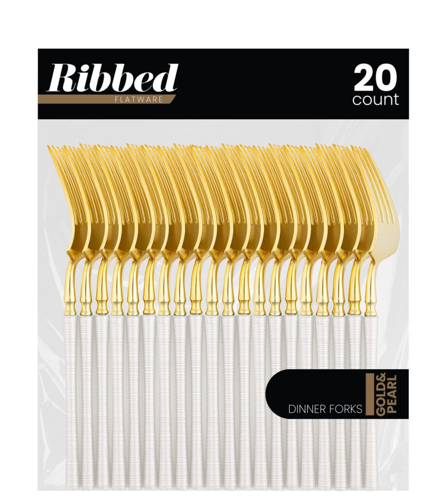 Ribbed Flatware Pearl/Gold Dinner Forks - 20 Count - The Closeout Connection#Color_Pearl/Gold#Type_Dinner Forks - 20 Count