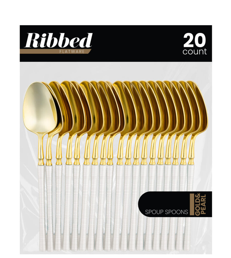Ribbed Flatware Pearl/Gold- 25 Count - The Closeout Connection