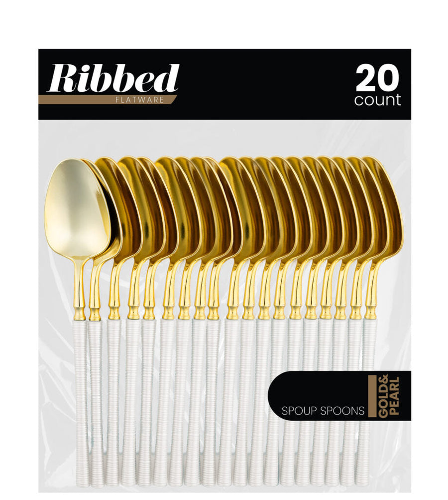 Ribbed Flatware Pearl/Gold Soup Spoons - 20 Count - The Closeout Connection