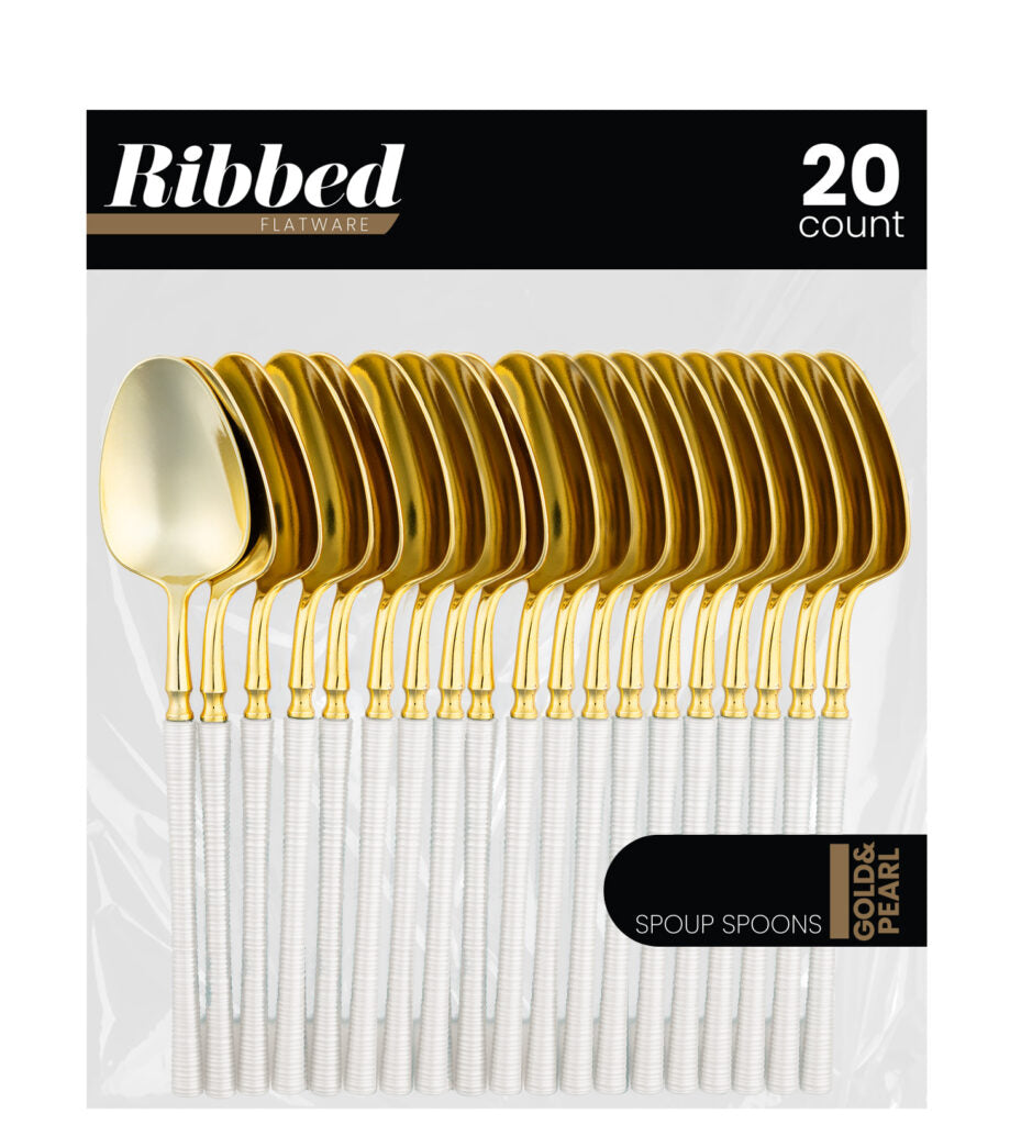 Ribbed Flatware Pearl/Gold Soup Spoons - 20 Count - The Closeout Connection#Color_Pearl/Gold#Type_Soup Spoons - 20 Count