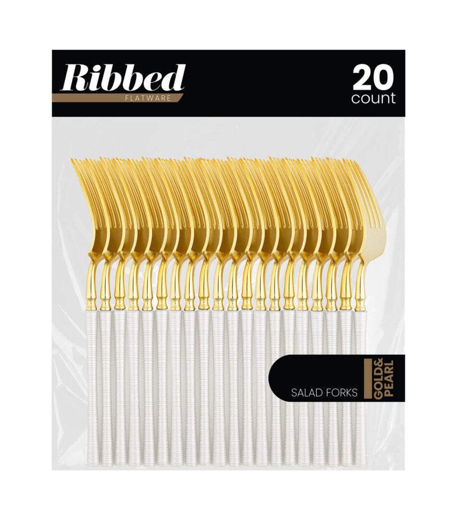 Ribbed Flatware Pearl/Gold Salad Forks - 20 Count - The Closeout Connection