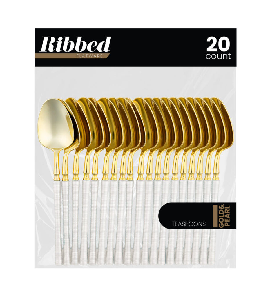 Ribbed Flatware Pearl/Gold- 25 Count - The Closeout Connection