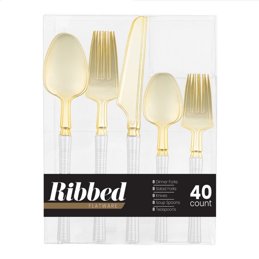 Ribbed Flatware Combo Pearl/Gold - 40 Count - The Closeout Connection