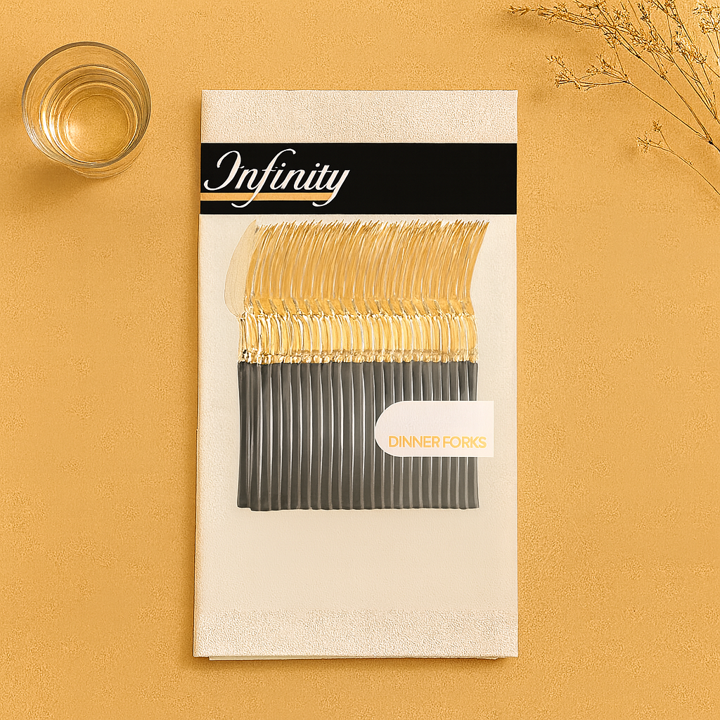 Gold and Black Dinner Forks- 20 Count