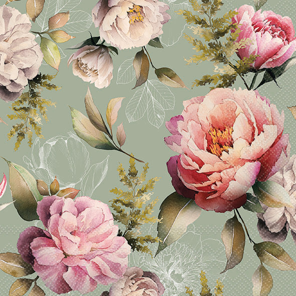 Peonies Composition Green Lunch Napkin - 20 Count