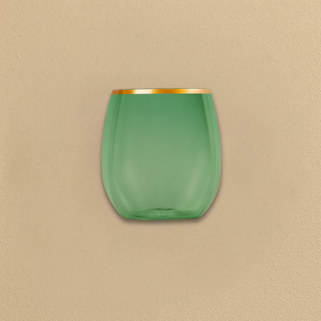 Green/Gold Rim Stemless Goblets- 6 Count