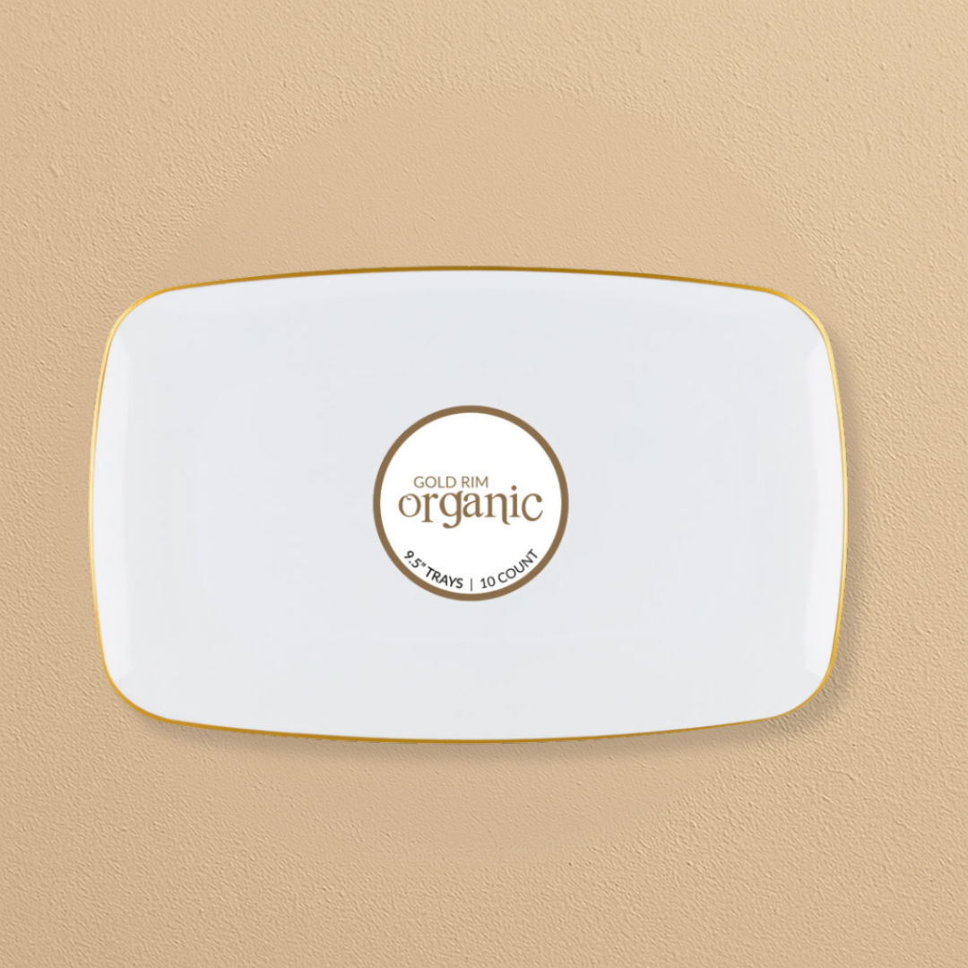 Organic Rectangle Tray White/Gold Rim 9.5" - 10 Count