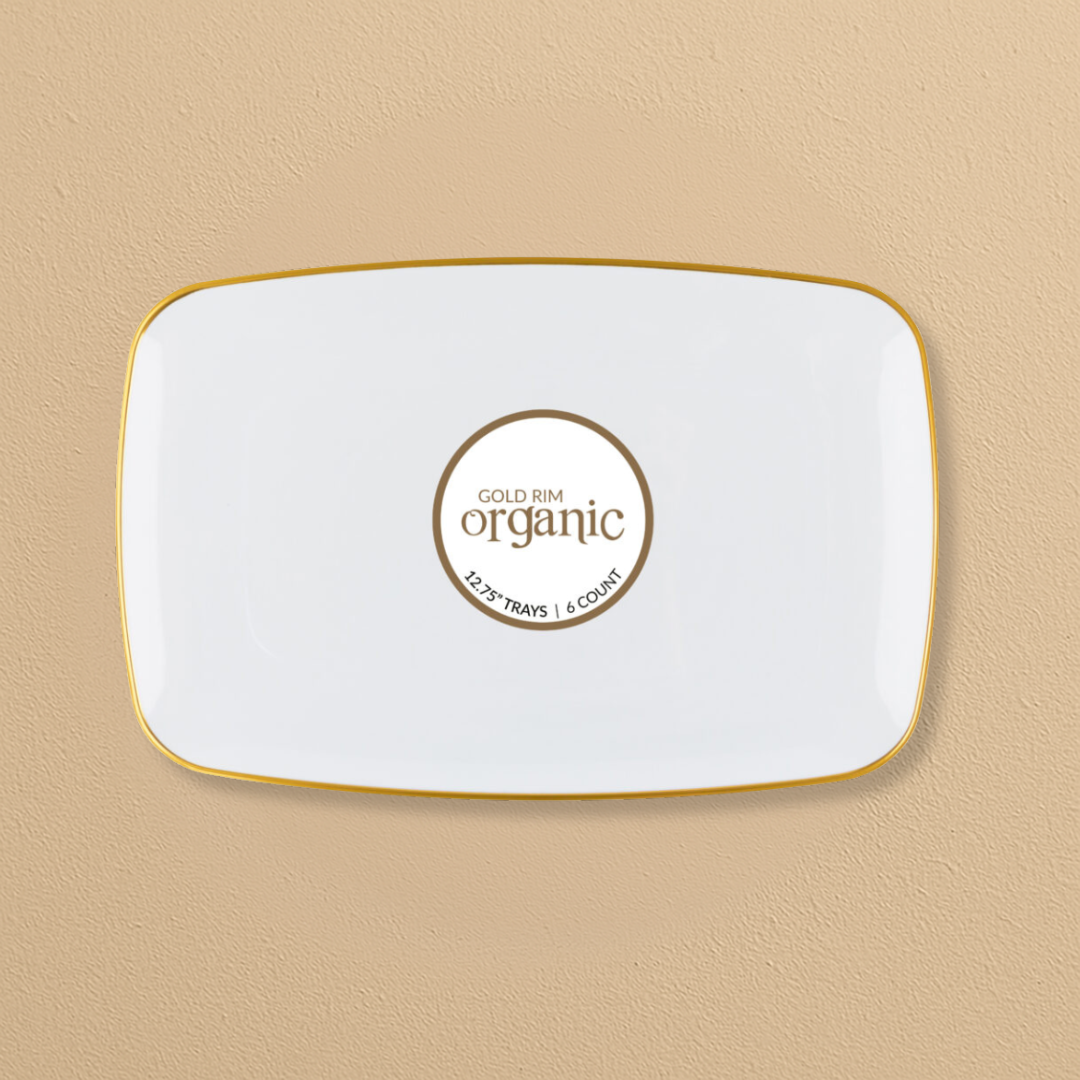 Organic Rectangle White/Gold Rim Tray 12.75″ - 6 Count
