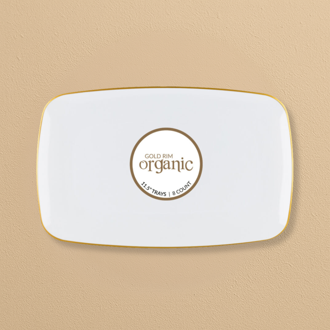 Organic Rectangle White/Gold Rim Tray 11.5" - 8 Count