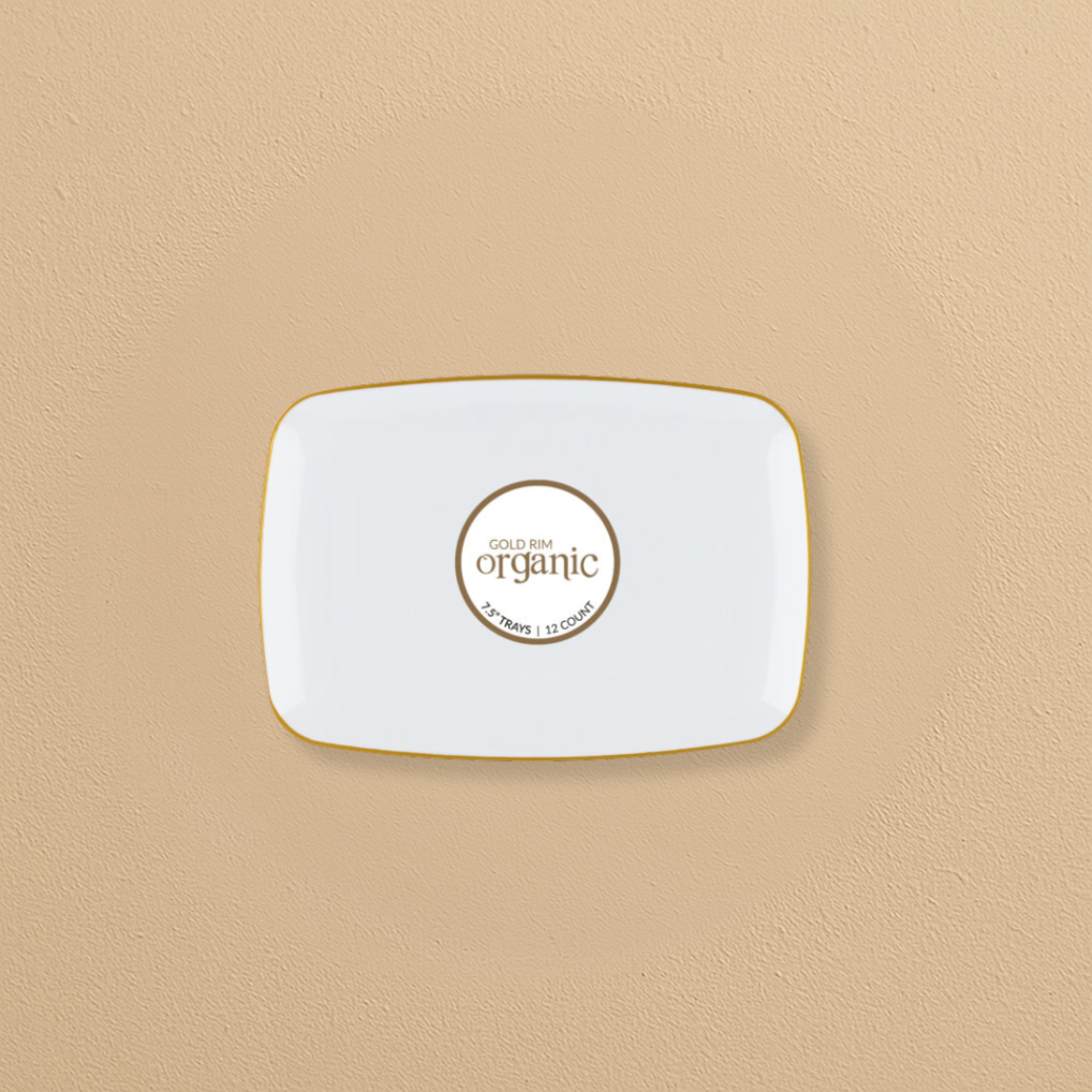 Organic Rectangle White/Gold Rim Tray 7.5" - 12 Count